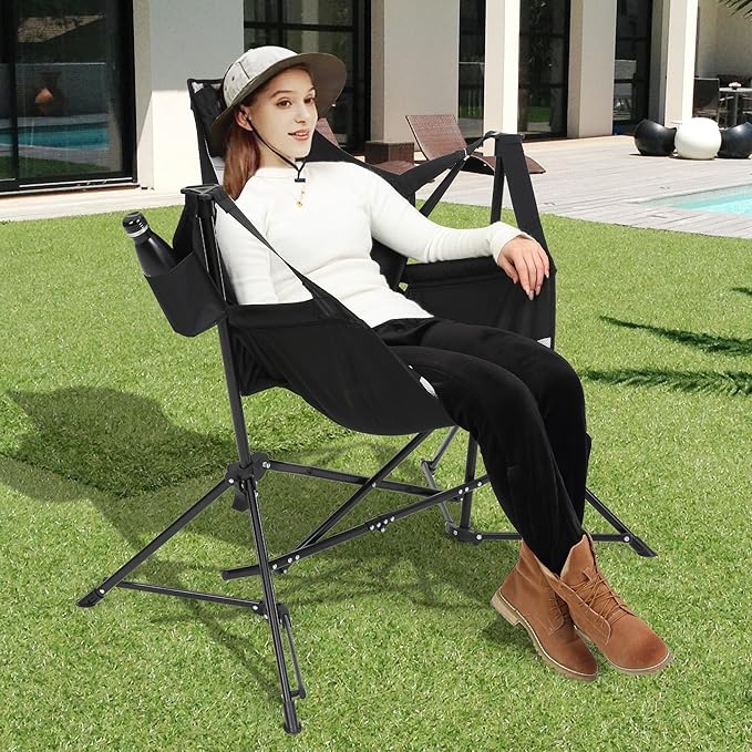 Hammock Folding Camping Chair - Outdoor Portable Swing Camp Chairs with Stand Adults Rocking Swinging Chair for Beach Lawn Patio (Black)