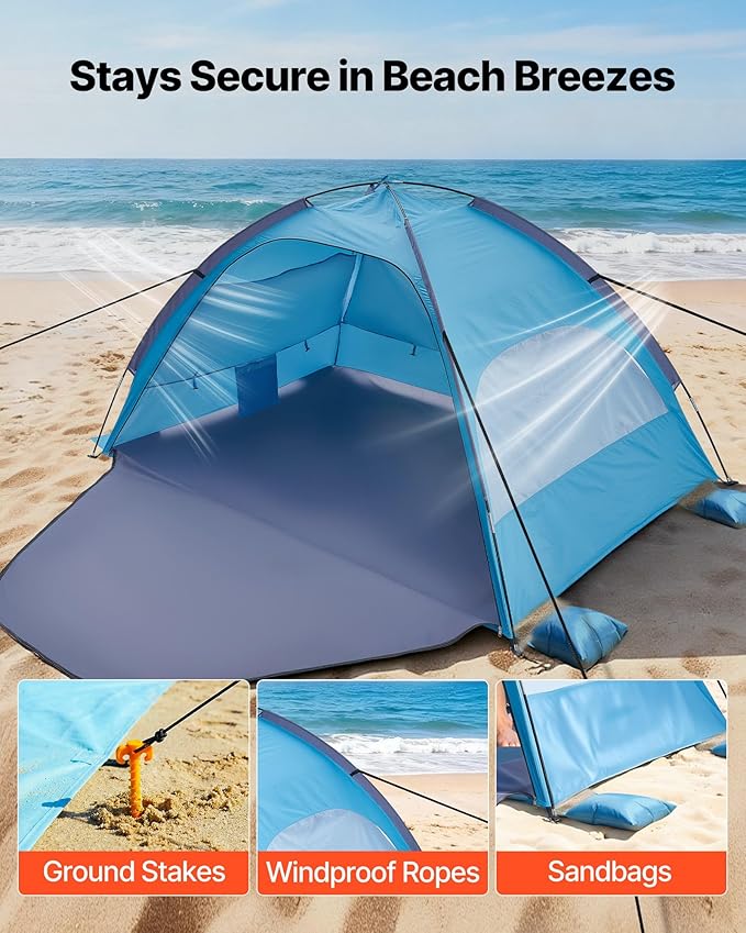 VEVOR Beach Tent Sun Shelter for 4 Person UPF 50+ Protection Portable Sun Shade Beach with Carrying Bag &amp Sand Pockets Lightweight and Easy Setup Beach Umbrella for Camping Fishing Outdoor Picn