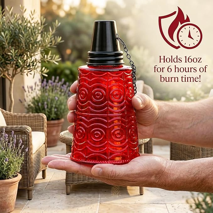 Seraphic Citronella Table Top Torches for Outdoor Patio 16oz Decorative Glass Torch Citronella Candles for Outside Deck Garden Parties Set of 3 Red