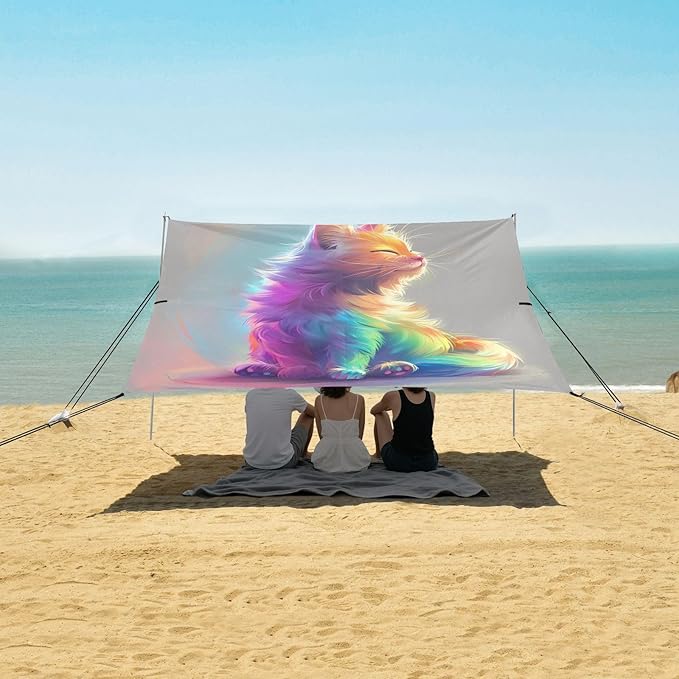 ALAZA Rainbow Cat Kitten Beach Tent Sun Shelter UPF50+ Protection Beach Shade Canopy w/ 4 Sandbags for Outdoor Camping Fishing Backyard Fun Picnic 10x9 ft
