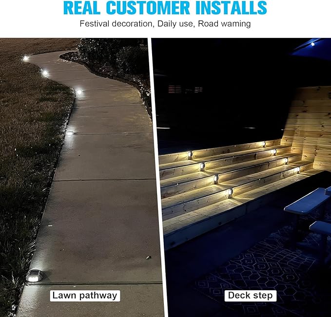 VOLISUN Solar Deck Lights Driveway Dock Lights 12-Pack Led IP68 Waterproof Outdoor Warning Step Lights for Driveway Sidewalk Garden Pathway Yard (Blue Auto On/Off