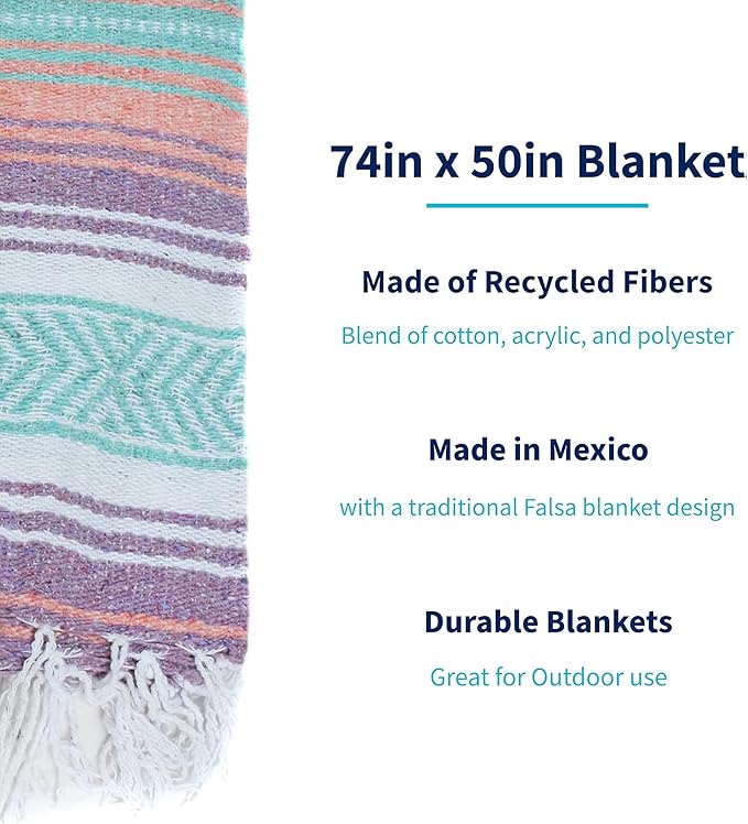 La Montana Mexican Blankets and Throws 4 Pack 74x50 - Made in Mexico Lightweight Yoga Blanket for Schools Studios Outdoors Camping Picnic Decor - Washable Light Purple/Melon/Mint/White