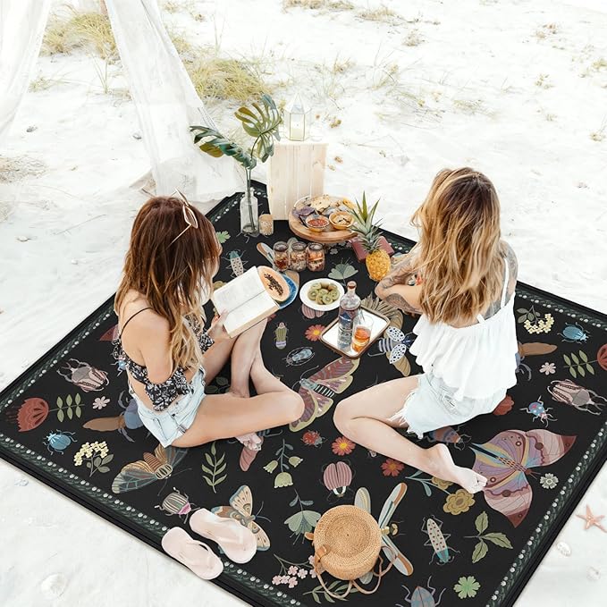 Insect Picnic Blankets Waterproof Foldable 60″X80″ Packable Picnic Mat Boho Outdoor Blanket for Grass Large Beach Blanket Sandproof Picnic Accessories for Camping Music Festival Park Lawn Travel