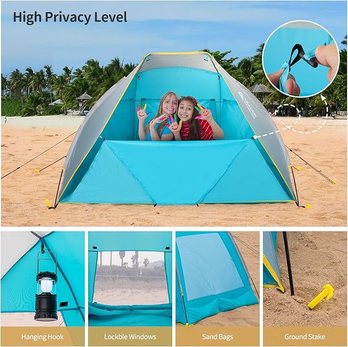 Leader Accessories 2-3 Person Portable Beach Tent UPF 50+ Beach Shade Tent Beach Tent Sun Shelter Canopy with Extendable Floor Blue