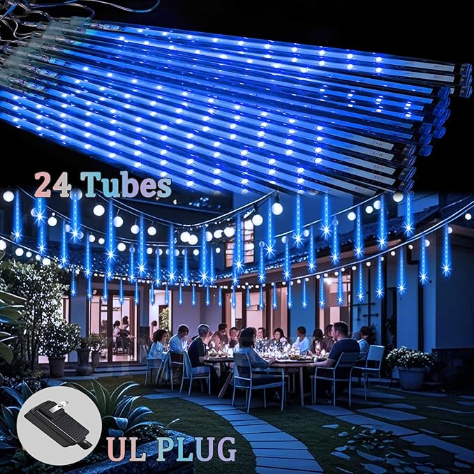 Christmas Lights Outdoor Meteor Shower Lights 24-Tube 576LEDs Snow Falling Rain Cascading Icicle Light for Xmas Tree Christmas Decorations Wedding Party Holiday Garden Decor UL Plug Blue