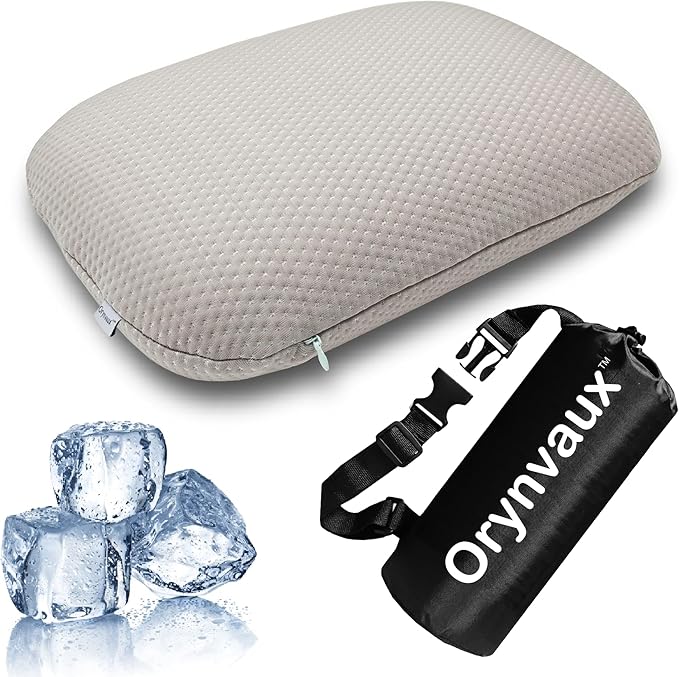 Cooling Camping Pillow Memory Foam Travel Pillow with Adjustable Buckle Strap &amp Storage Bag Compact Small Pillow for Airplane Car Lumbar Office Washable Cooling Cover Dusk Grey