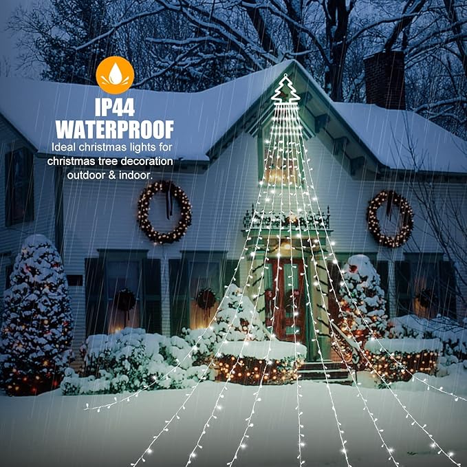 PUHONG Christmas Decoration Outdoor Christmas Tree Lights 320 LED 16.4Ft Outdoor Fairy Topper Lights[8 Modes &amp Waterproof] with 11 Lighted Xmas Tree for Halloween Xmas New Year Holiday(White)