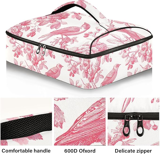 Casserole Carrier Pinkish Birds and Flowers PatternInsulated Casserole Carrier for Hot or Cold Food Thermal Lunch Tote for Potluck Parties Picnic Beach Fits 9 x 13 Inches Baking Dish