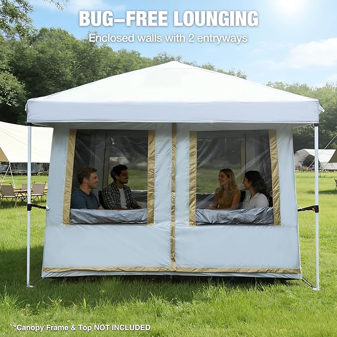 REDCAMP Canopy Camping Tent for Pop Up Canopy Inner Tent with Mesh Window Converts Straight Leg 10ft Canopy into Camping Shelter Fits 4-6 Person Khaki White(Frame/Shelter NOT Included)