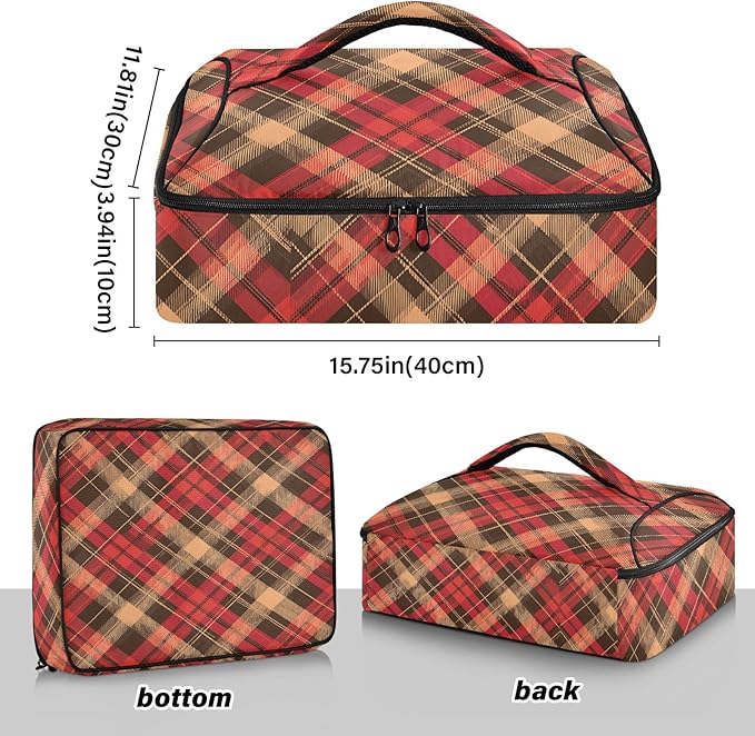 Casserole Carrier Print Red and Brown Tartan Pattern Insulated Casserole Carrier for Hot or Cold Food Thermal Lunch Tote for Parties Picnic Travel Carry Bag
