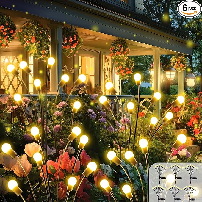 2026 Upgraded Solar Lights Outdoor 6 Pack Solar Garden Lights with 2 Modes Firefly Lights Outdoor Waterproof Sway by Wind Twinkle Firefly Light for Yard Patio Path Garden Decoration (Warm White)