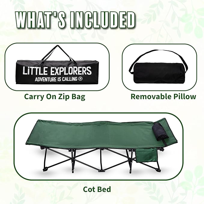 LITTLE EXPLORERS Kids cot Child Camping and Travel Cot Kids Cots for Sleeping Foldable Bed for Kid Includes Pillow and Bag | Age 3-12 | 60inch