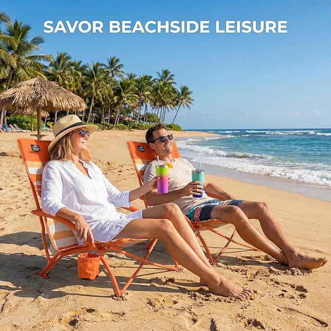 2 Pack Low Beach ChairFolding Recliner Camping Chair for AdultsLightweight Backpacking Low Seat Camping Chairs with Cup HolderCarry Bag for Outdoor Camp Picnic FestivalOrange Strip
