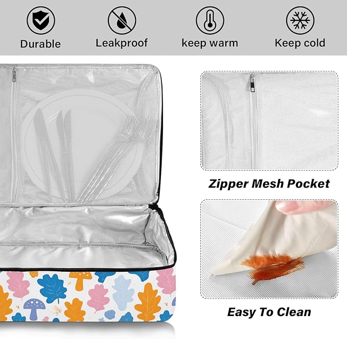 Casserole Carrier Colorful Cartoon Oak LeavesInsulated Casserole Carrier for Hot or Cold Food Thermal Lunch Tote for Potluck Parties Picnic Beach Fits 9 x 13 Inches Baking Dish