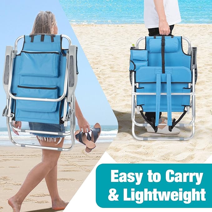 Tall Folding Backpack Beach Chair with Towel Bar5 Adjustable PositionsTowel bar Cooler and Storage Pouch Cup Holder and Phone HolderCamping Chairs for AdultsAluminumSupports 220 lbs Blue