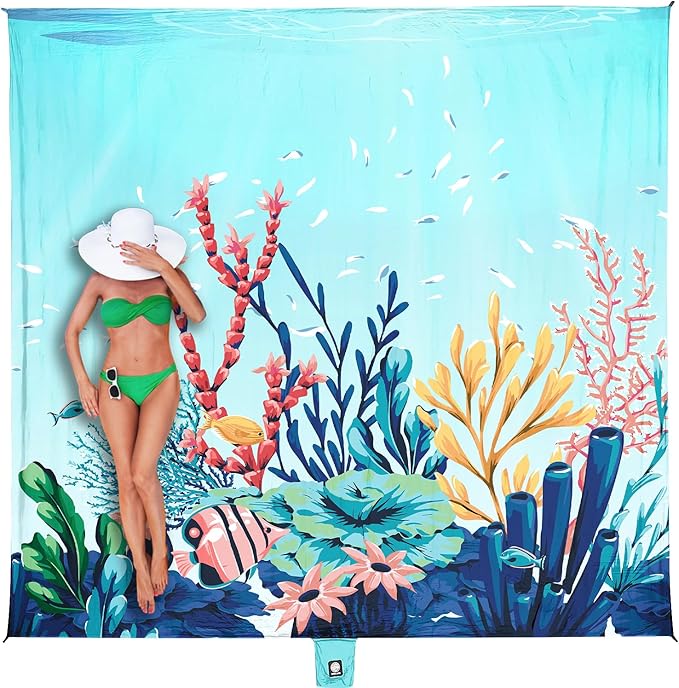 WEKAPO Beach Blanket Waterproof Sandproof Oversized Extra Large Beach Mat Sand Free Lightweight &amp Compact Sand Free Mat with 6 Stakes &amp 4 Corner Pockets