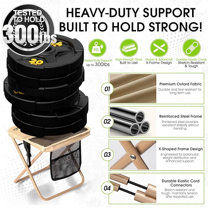 Camping Stool Upgraded FoldableStool Aluminum Alloy Bracket Portable outdoorfolding Chair with Pocket for Queuing FishingHiking Tours BBQ Parties Outdoor Camping Accessories(Khaki)
