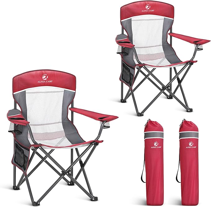 LET'S CAMP 2 Pack Mesh Back Camping Chair Portable Folding Heavy Duty Outdoor Chair Support 330 LBS Durable Large Arm Chair with Cup Holder and Carry Bag for Camp Fishing Hiking Red