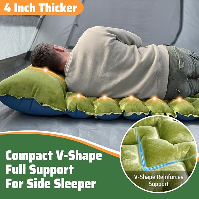 4 Thick Double-Sided Camping Sleeping Pad | Warm Velvet Top Waterproof Nylon Bottom | Inflatable Mattress for Backpacking &amp Cold Weather