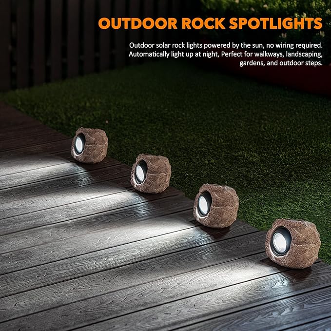 Solar Rock Lights 4 Pack Solar Powered Waterproof LED Spotlights Decorative for Outdoor Garden Pathway Walkway Yard Landscape Patio (Cool White)