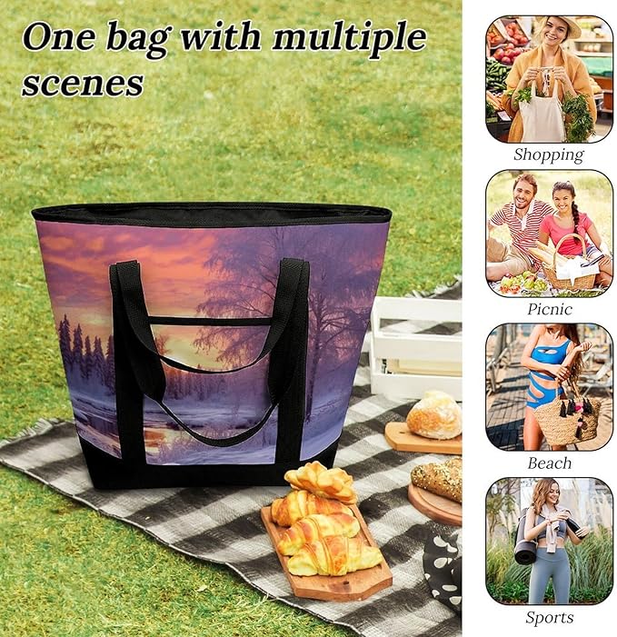 Insulated Shopping BagLarge Reusable Cooler Bags Winter Landscape Printed Foldable Shopping BagTravel Waterproof Shoulder Bag