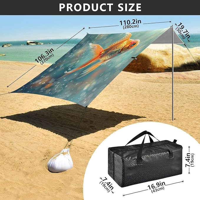 Goldfish Pattern Beach Tent Sun Shelter 9.2' x 10.5' Beach Canopy with 4 Sandbags 4 Stability Poles Sand Shovels - Tent Canopy for Beach Camping Fishing Picnics