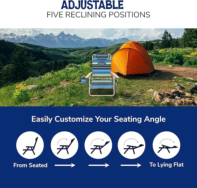 Cabana Beach Folding Beach Chair 5 Position Lightweight Portable Reclining Outdoor Camping Accessories with Headrest Shoulder Strap and Cup Holder Stripe