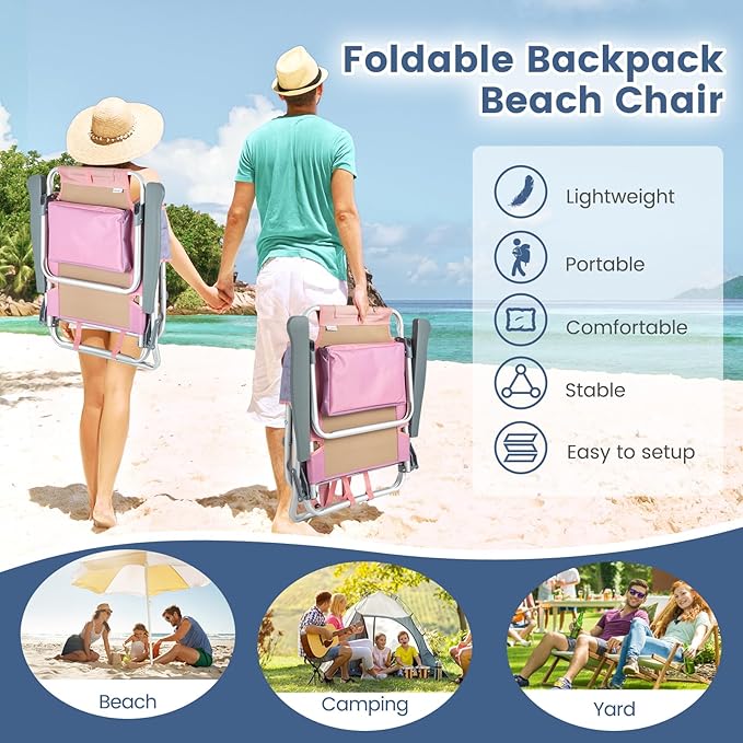 Backpack Beach Chair 5 Position Adjustable Camping Chairs with Head Pillow Cooler Bag Towel Bar Cup Holders Portable 2-Pack Folding Beach Chairs for Adults (Without Table Gradient Pink)