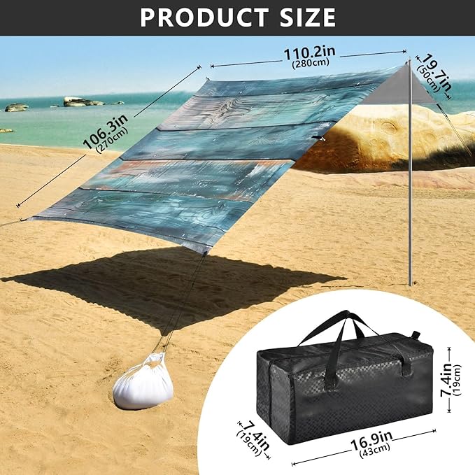 Teal Color Wood Pattern Beach Tent Sun Shelter 9.2' x 10.5' Beach Canopy with 4 Sandbags 4 Stability Poles Sand Shovels - Tent Canopy for Beach Camping Fishing Picnics