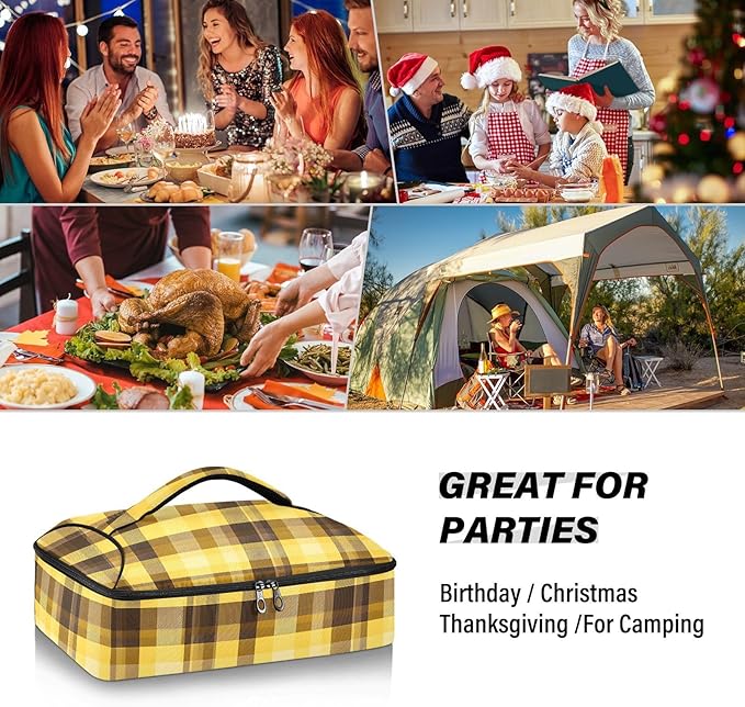 Casserole Carrier Yellow Brown Plaid Print Insulated Casserole Carrier for Hot or Cold Food Thermal Lunch Tote for Parties Picnic Travel Carry Bag