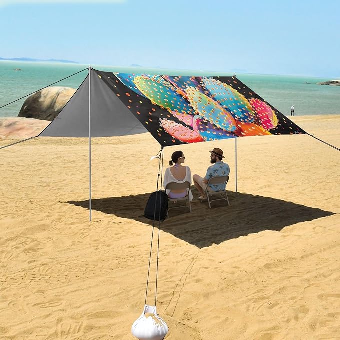ALAZA Rainbow Cactus Cacti Polka Dots Beach Tent Sun Shelter UPF50+ Protection Beach Shade Canopy w/ 4 Sandbags for Outdoor Camping Fishing Backyard Fun Picnic 10x9 ft