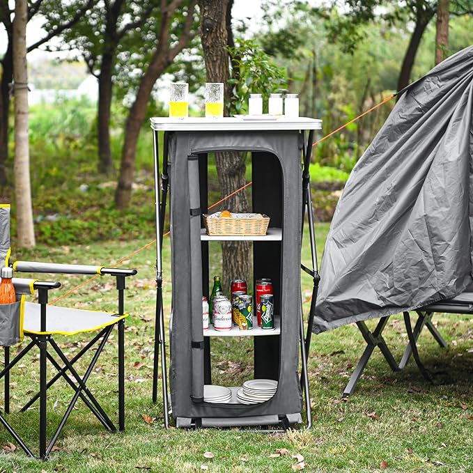 Giantex Folding Camping Storage Cabinet with 3 Shelves and Carry Bag Portable Outdoor Organizer Kitchen Table Quick Set-up for BBQ Picnic Backyard Compact Pop-Up Cupboard 47''H