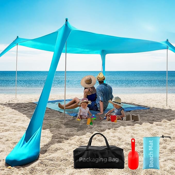Beach Tent Sun Shelter UPF50+ 10x10 FT Family Pop Up Sun Shade with 4 Aluminum Poles Carrying Bag Floor Mat Sunglasses Sand Shovel Outdoor Shade Canopy for Beach Camping