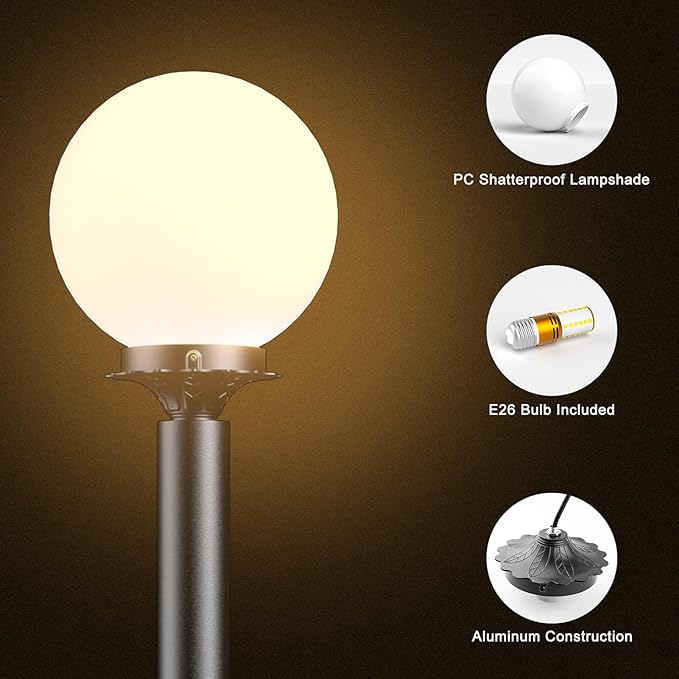 Lightdot 23'' Globe Outdoor Lamp Post Light IP65 Waterproof Street Yard Lamp Post for Outside Black Pole Outdoor Post Light Fixtures for Garden Patio Driveway(E26 LED Bulb Included)-2Pack