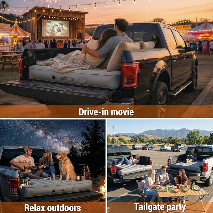 Truck Bed Mattress 5.5-5.8ft for Full-Size Pickup Fabric Texture Truck Bed Air Mattress Side Space for Stuff Customized for F150/Silverado/Ram1500 with Detachable Air Pump for Road Trips &amp Tra