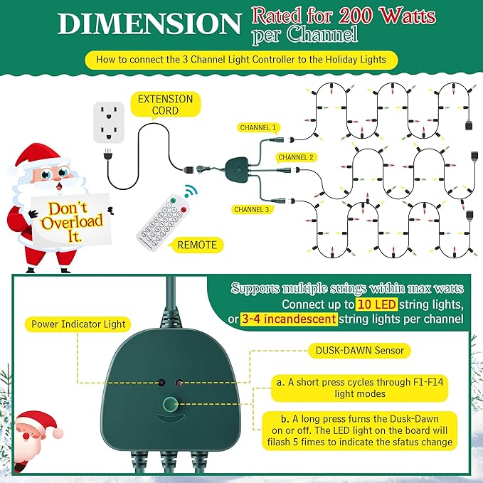 Christmas Light Controller with Remote Create Dazzling Lighting Displays with Multiple Functions Timer Dusk to Dawn Sensor Adjust Speed for Holiday Xmas Lights(3 Channel 14 Functions)