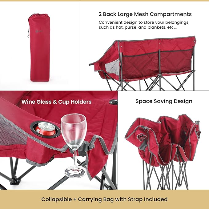 ARROWHEAD OUTDOOR Portable Folding Double Duo Camping Chair Loveseat w/ 2 Cup &amp Wine Glass Holder Carrying Bag Supports up to 500lbs