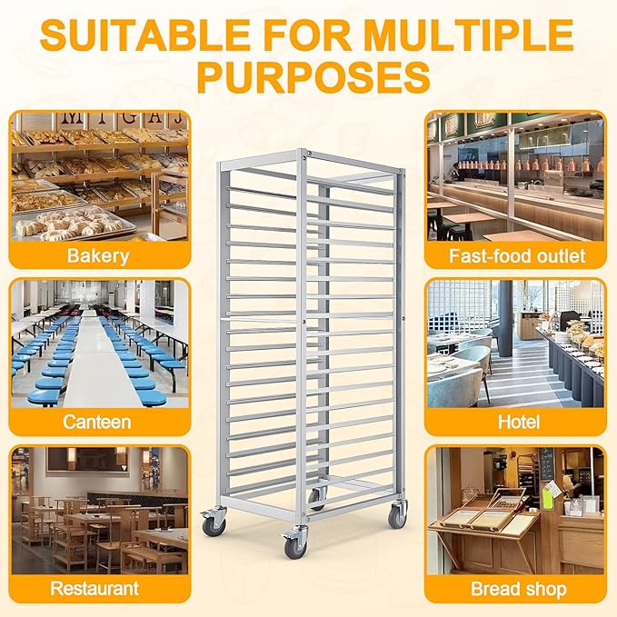 18 Tier Aluminum Home Commercial Kitchen Bakery Cooling Rack with 4 Wheels Commercial Bun Pan Bakery Rack for Restaurant Cafeteria Pizzeria