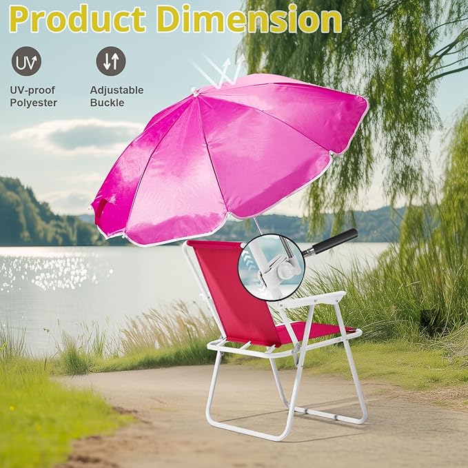 Folding Beach Chair with Umbrella – Portable Lightweight Lounge Chair for Adults with High Back &amp Heavy-Duty Frame UPF Sun Protection for Beach Camping Park Concerts (Pink)