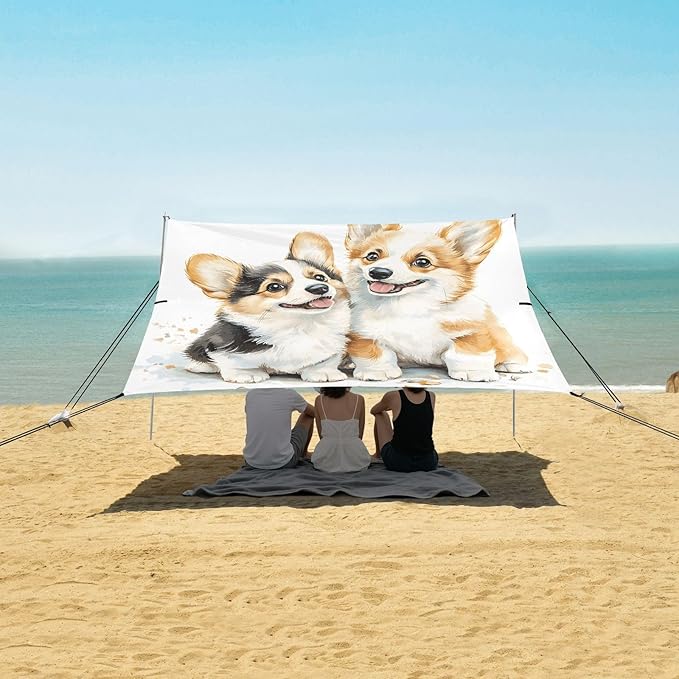 Camping Sun Shelters Little Corgi Dogs Beach Canopy 126 * 110.2in
