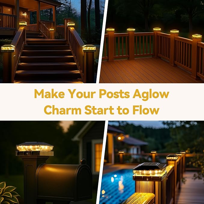 Solar Post Cap Lights 6 Pack Upgraded Outdoor Deck Fence Post Solar Lights for 4x4 5x5 Wood/Vinyl Posts IP65 Waterproof 10-12 Hours Warm White Glow for Garden/Patio/Porch - Black