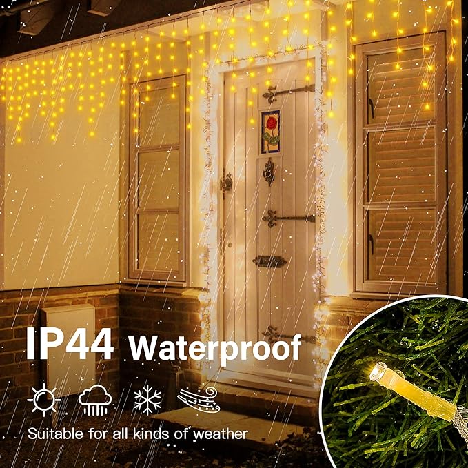 Hopolon 33FT 360L LED Christmas Icicle Lights Outdoor Waterproof8 Modes Plug in Curtain String LIghts With 60 DropsChristmas Lights for WeddingPartyBedroomHomeGardenWall Decorations(Warm White)