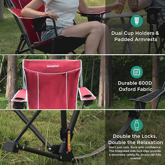 SUNNYFEEL Oversized Folding Rocking Camping Chair with Buckle Design 2 Pcak Outdoor Rocker High Back Lawn Camp Rocker Chair with Cup Holder 500 LBS for Outdoor/Camping/Lounge/Patio with Carry Bag