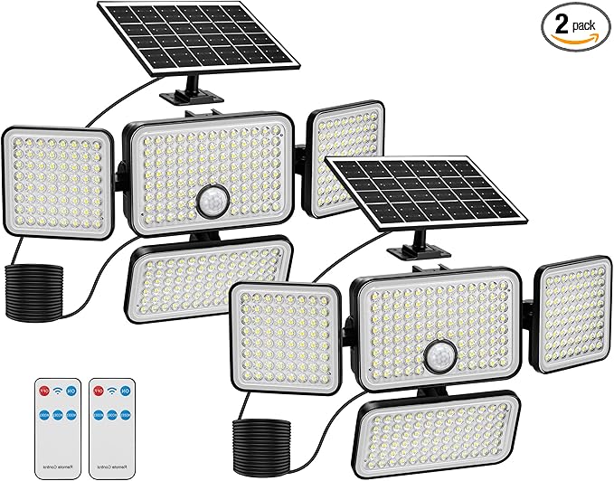 2PCS Solar Flood Lights Outdoor 4 Head Motion Sensor Lights Flood Light with Extension Cord