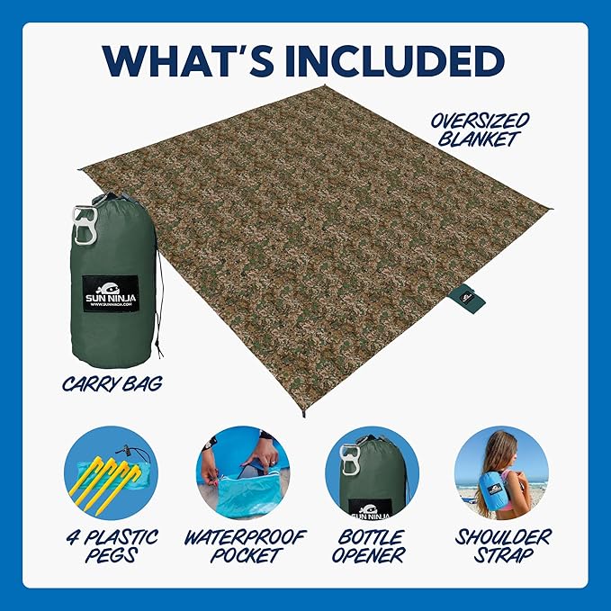 SUN NINJA Oversized Beach Blanket - Sandproof Beach Blanket 10ft x 9ft Sand Free Blanket Lightweight Water Resistant Includes Carry Bag 4 Pegs Shoulder Strap for Family Outings