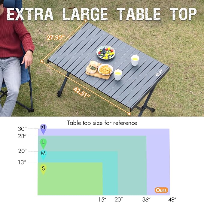 PORTAL Folding Outdoor Camping Table with Adjustable Height Aluminum Roll-Up Top and Carry Bag Big Large Portable Tables for Picnic BBQ and Tailgating Dark Gray