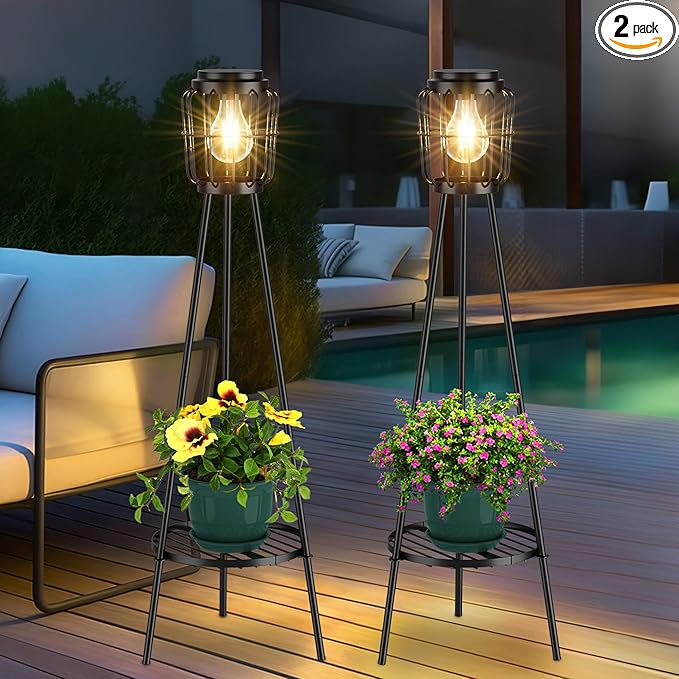 2 Pack Solar Lights with Plant Stand Outdoor Floor Lamp Waterproof Solar LED Edison Bulb Floor Lamps for Patio Porch Deck Yard Garden Decor
