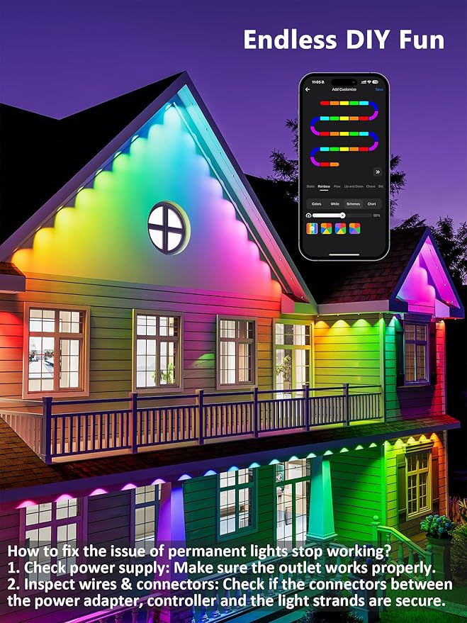 BrizLabs Signature Permanent Outdoor Lights 100ft 60 LED RGBCW Smart Christmas House Lights 200+ Custom Scene-Color Effect Waterproof Eave Light for Xmas Halloween Alexa Google Assistant Enabled