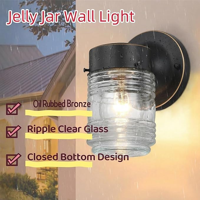 Oil Rubbed Bronze Outdoor Wall Lights for House Jelly Jar Outside Light Fixture for Porch Patio Entryway Anti-Rust Waterproof Wall Mount Exterior Sconce E26 Base Bulb Not Included 2 Pack
