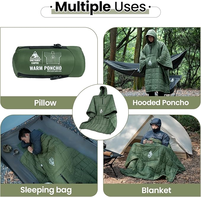 ONETIGRIS Camping Blanket with with Recycled Synthetic InsulationWearable Hoodie Blanket | Ultralight Water-Resistant Warm Camping Blanket for Outdoor Hiking Stadium